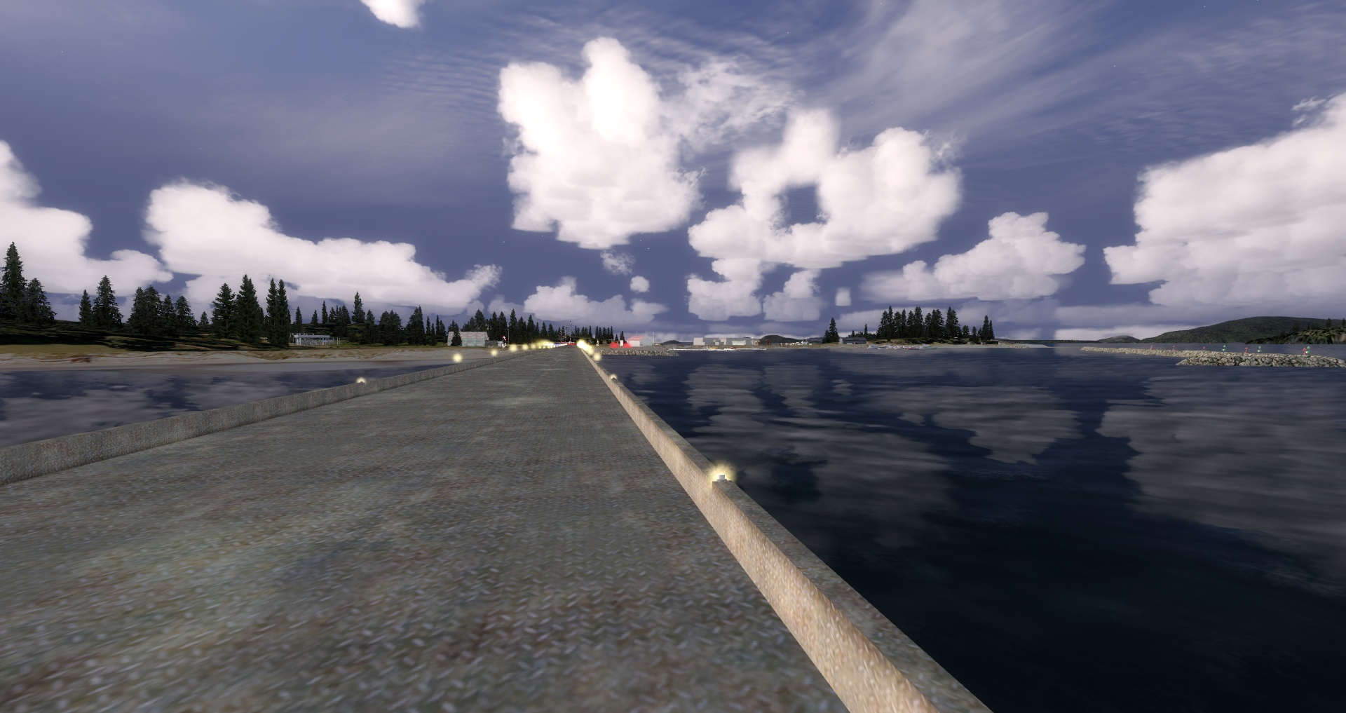 Mouseviator Private Island – “Vyzdvihnutá” dráhová platforma při západu slunce.